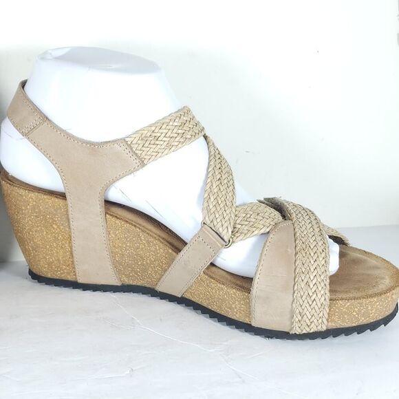 Taos Women’s Julia US9-9,5 Beige Leather Woven Cork Wedge Strappy Sandals - Picture 6 of 16